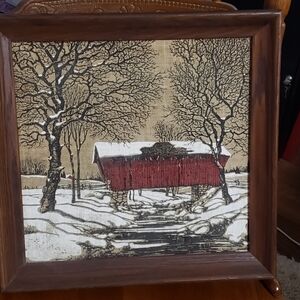 Vintage Warren Boucher Covered Bridge Winter Scene on Burlap